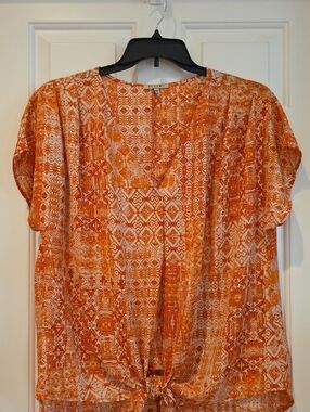 Women's XXL Beacon Orange Printed Tie-Front Blouse